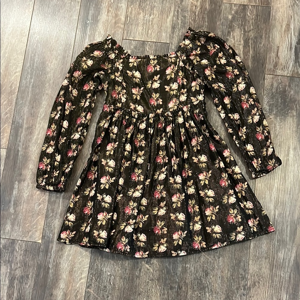 GAP Black and Gold Floral Square Neck Puff Sleeve Knee-Length Dress